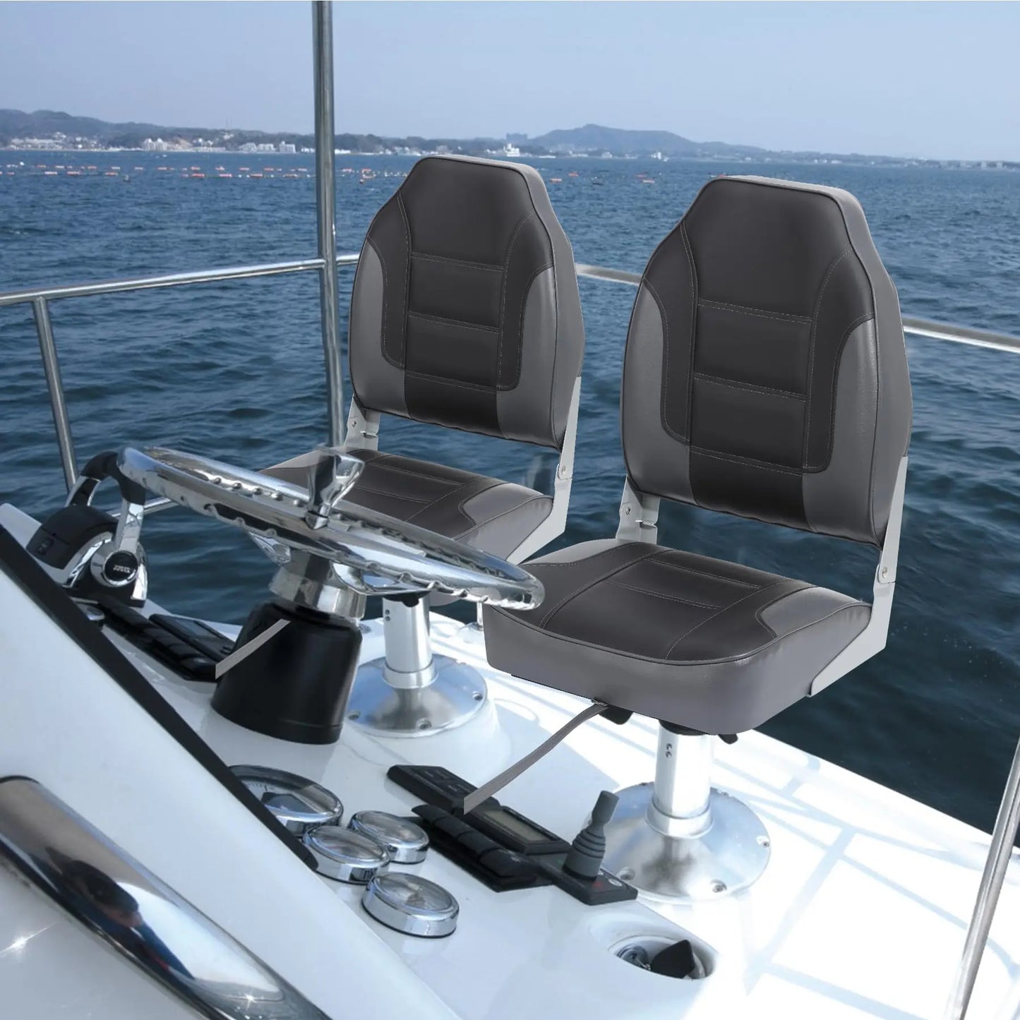 2 Pack Boat Seats, High Back Folding Seats - Fishing Boat Chairs With Thick Sponge Padding, Stainless Steel Screws