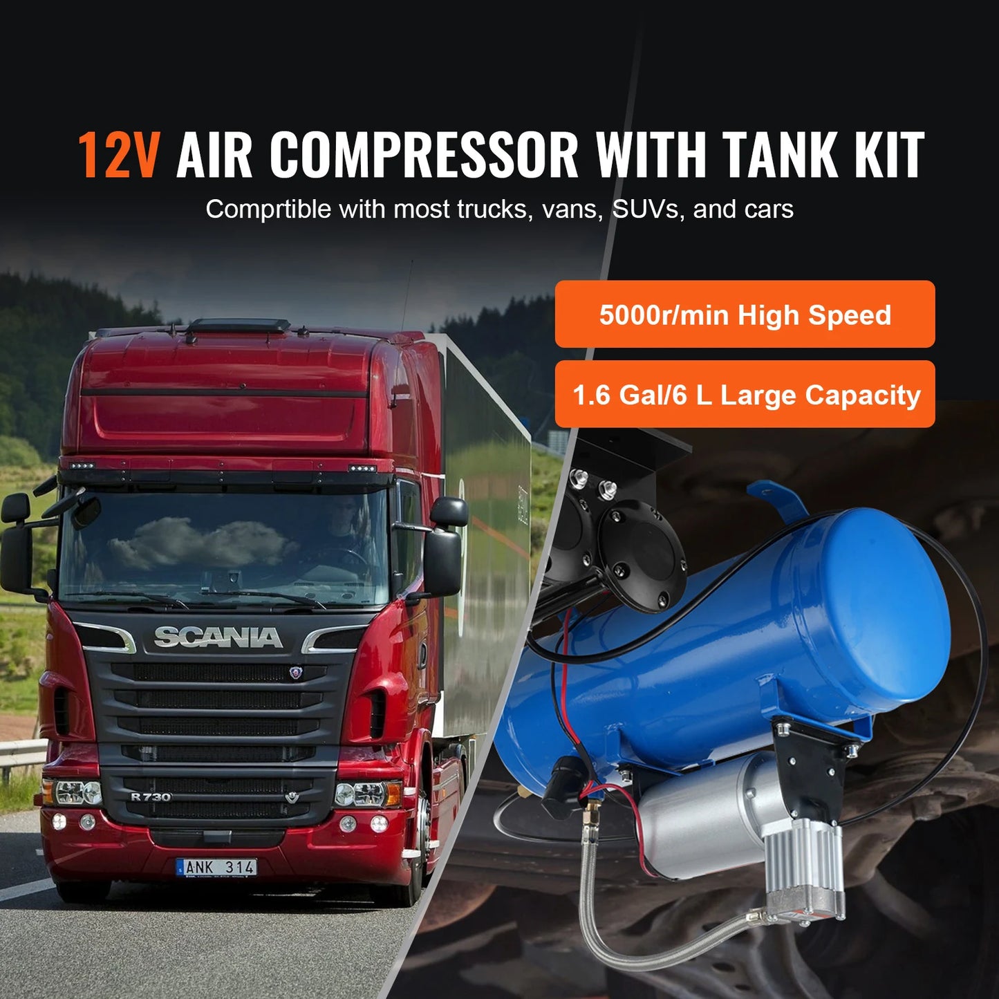 12V Air Compressor with Tank. 1.6 Gallon/6 L , 120 psi Air Compressor System for Air Horns, Inflating tires, Rafts, ect