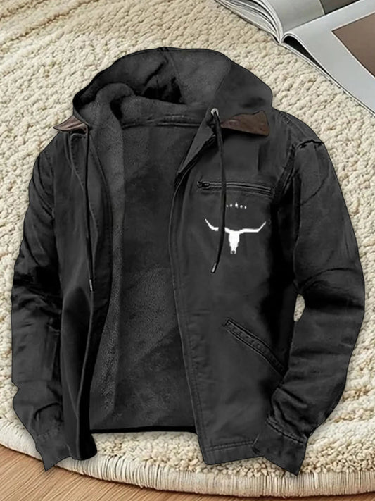 Men s Hooded Zip-Up Jacket with Bull Head Design Long Sleeves and Pockets - Stylish Outwear for Men