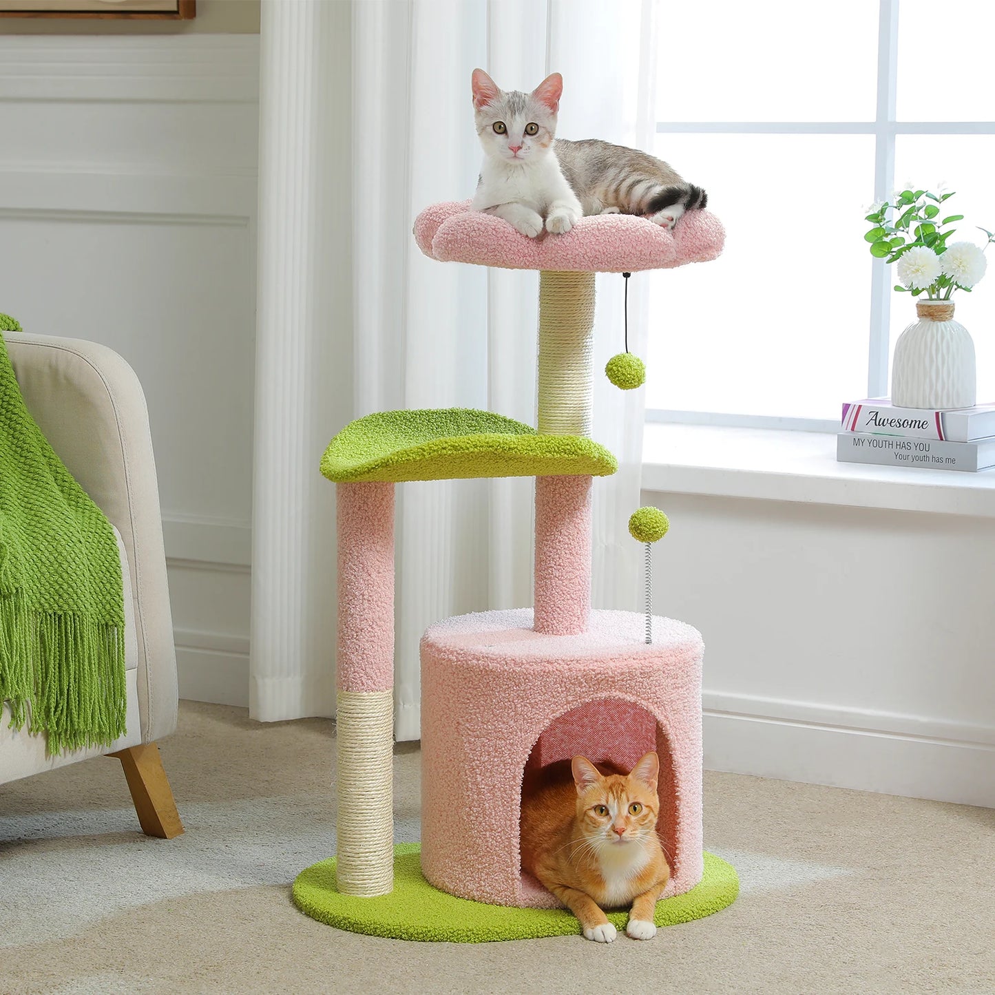 Flower Cat Tree for Cats, Small Cat Tower with Sisal Scratching Post, Soft Condo, Plush Perches, Fluffy Balls, Cat Toys