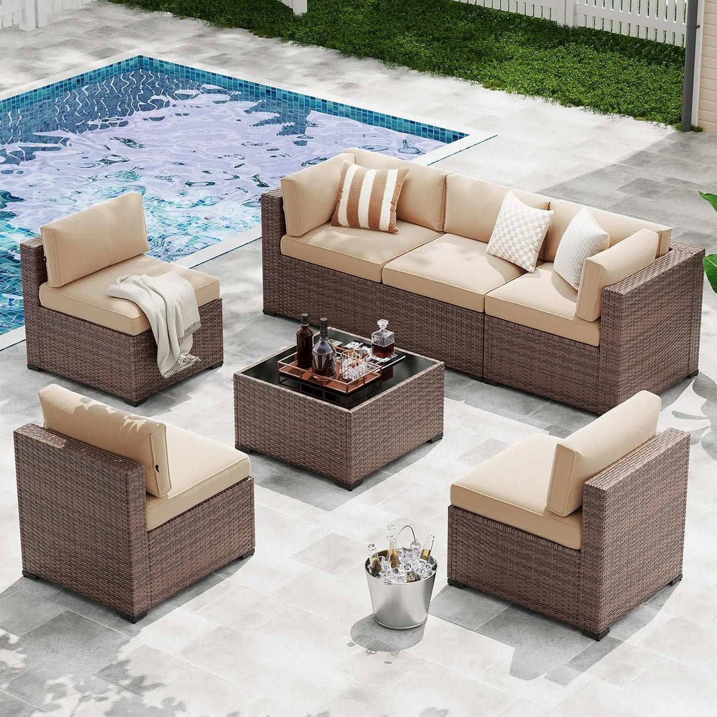 7-Piece Patio Furniture Set, Wicker Rattan Outdoor Furniture with Thick Cushions