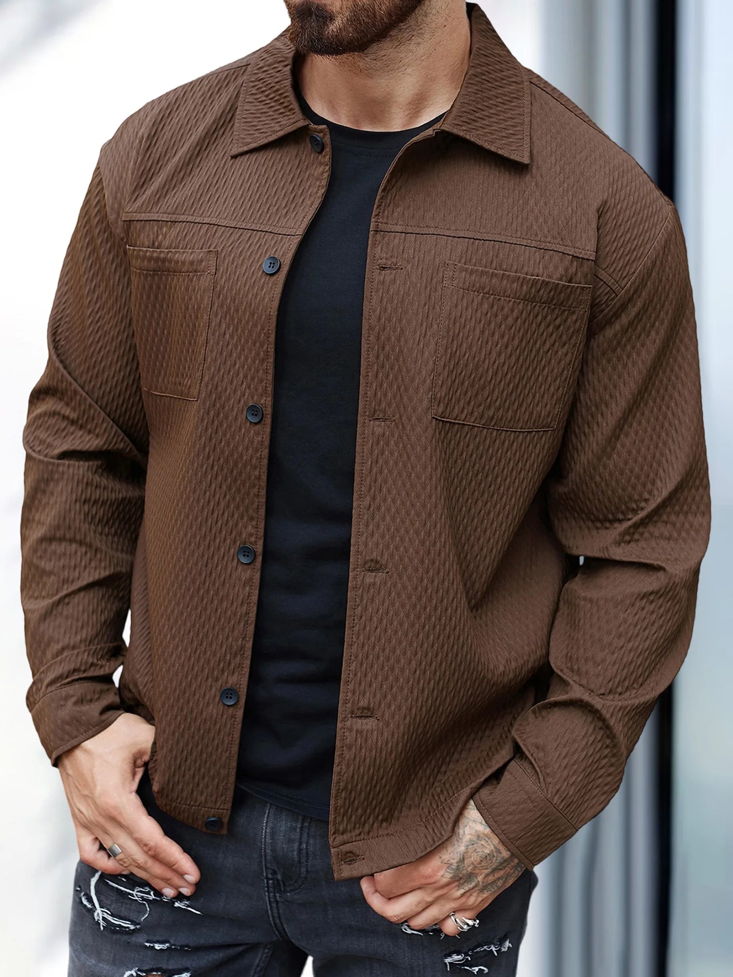 Men s Casual Shirt Jacket Regular Fit Solid Color Long Sleeve Button-up