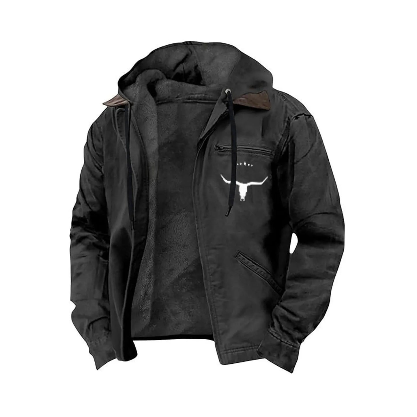 Men s Hooded Zip-Up Jacket with Bull Head Design Long Sleeves and Pockets - Stylish Outwear for Men
