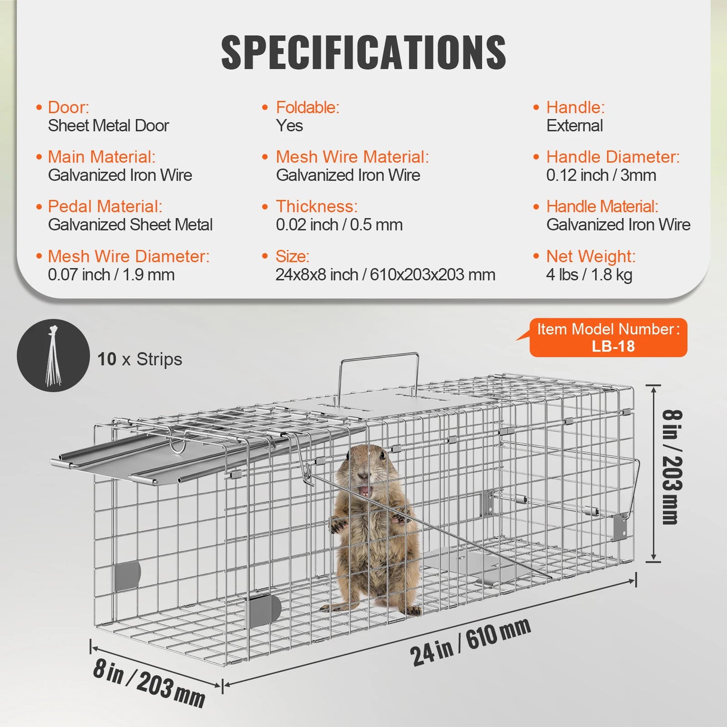 Live Animal Cage Trap, Humane Cat Rodent Control Folding with Handle for Rabbits, Stray Cats, Squirrels, Raccoons, Groundhog