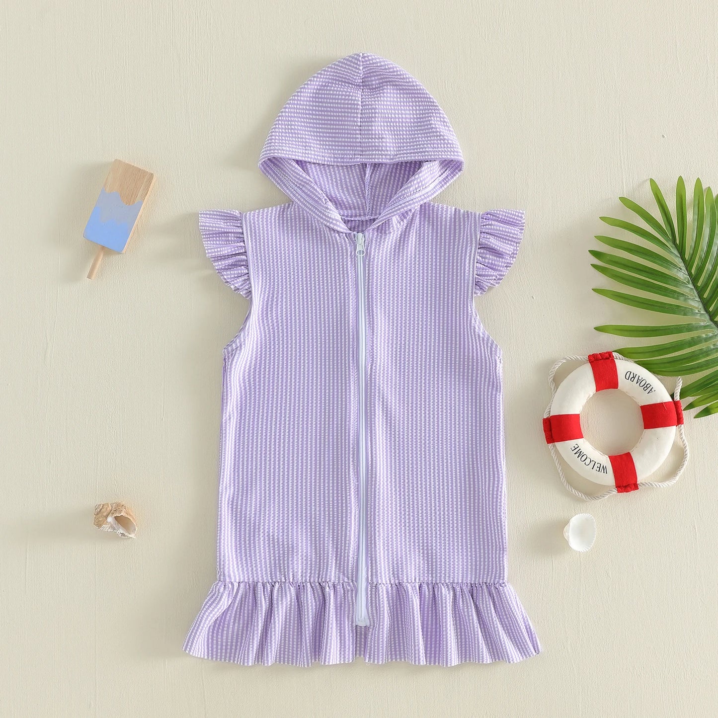 Striped Hooded Terry Cloth Swim Cover Up with Flying Sleeves for Little Girls - Perfect Bathing Suit Wrap for Pool or Beach