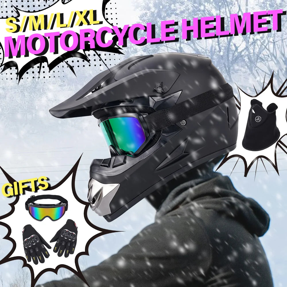 Off-road Full Face Helmet For Adult Dirt Bike, Goggles, Gloves And Face Mask Matte Black DOT
