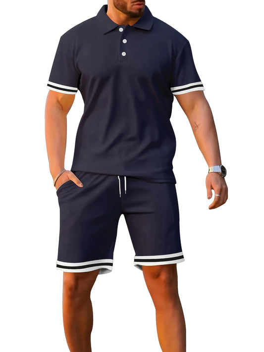 Men's Summer Short Sleeve Polo Shirt and Shorts, Two-Piece Set