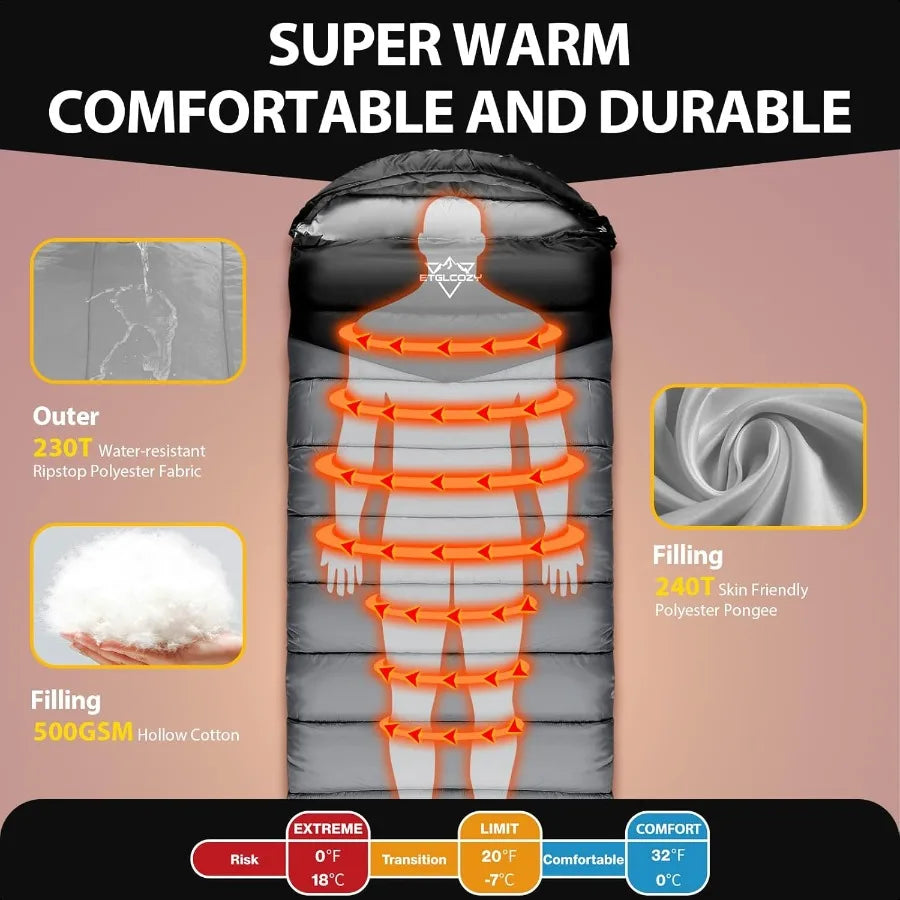 Adult Sleeping Bag All Season Warm Cold Weather Lightweight Backpacking, Large Size
