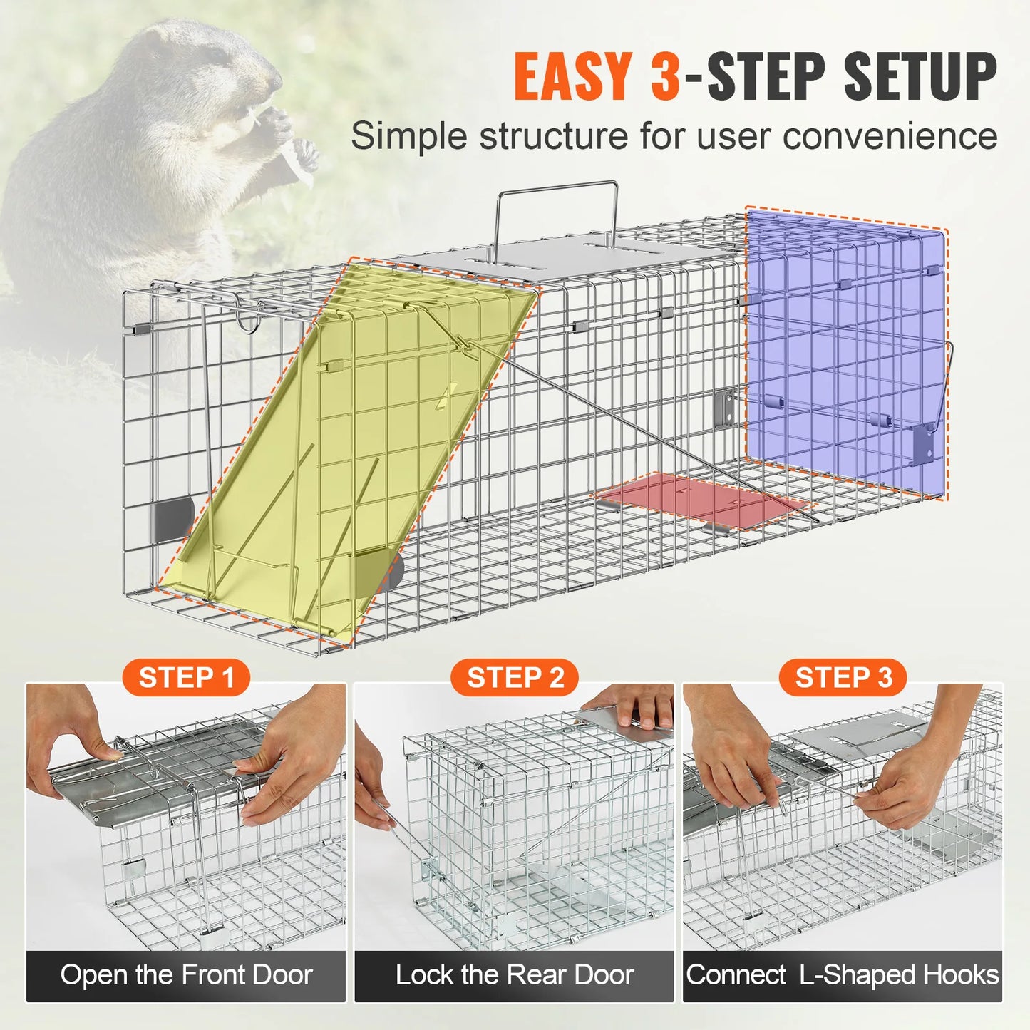 Live Animal Cage Trap, Humane Cat Rodent Control Folding with Handle for Rabbits, Stray Cats, Squirrels, Raccoons, Groundhog