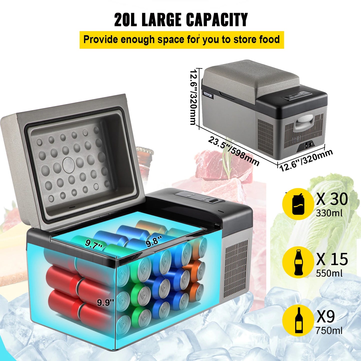 15-55L Portable Electric Refrigerator. Compressor 12V/24V DC 110-240V AC, Freezer, Refrigerator