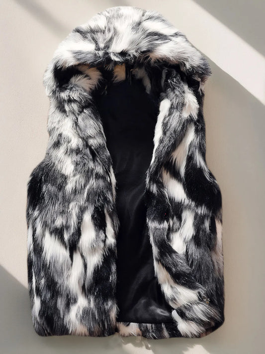 Men`s Luxury Faux Fur Hoodie Vest Long Coat Sleeveless Jacket Plush Overcoat with Pockets and Hood