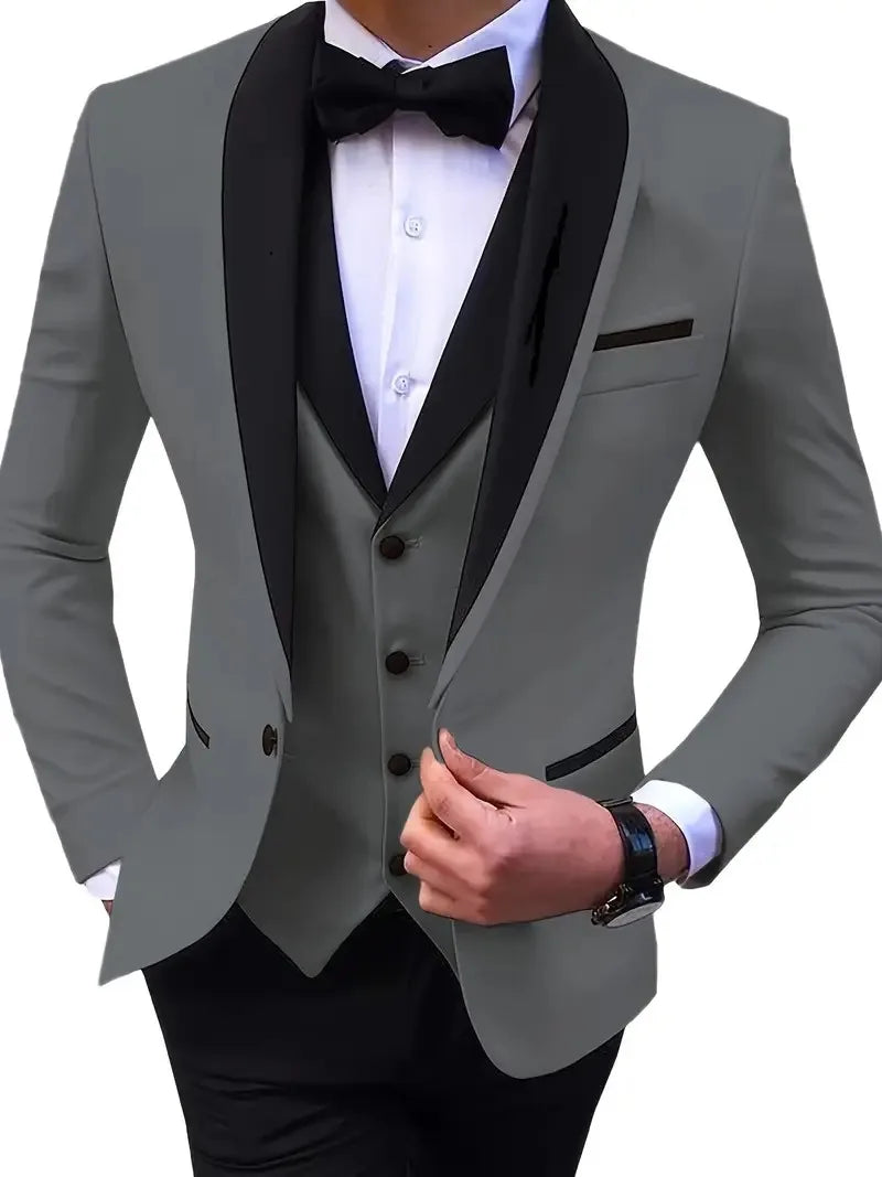 Slit Men's Suits 3 Piece Black Shawl Lapel Casual Tuxedo (Blazer+Vest+Pant)
