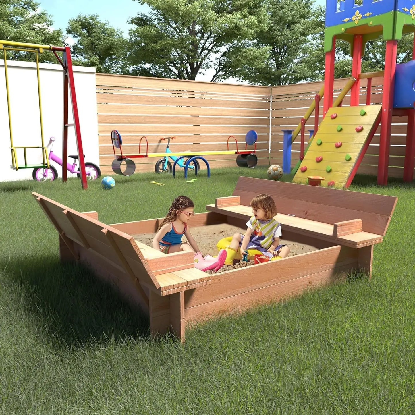 Wood Sandbox with Lid, Spacious Outdoor Play Area with Foldable Bench Seats with Cover Bottom Liner for Backyard