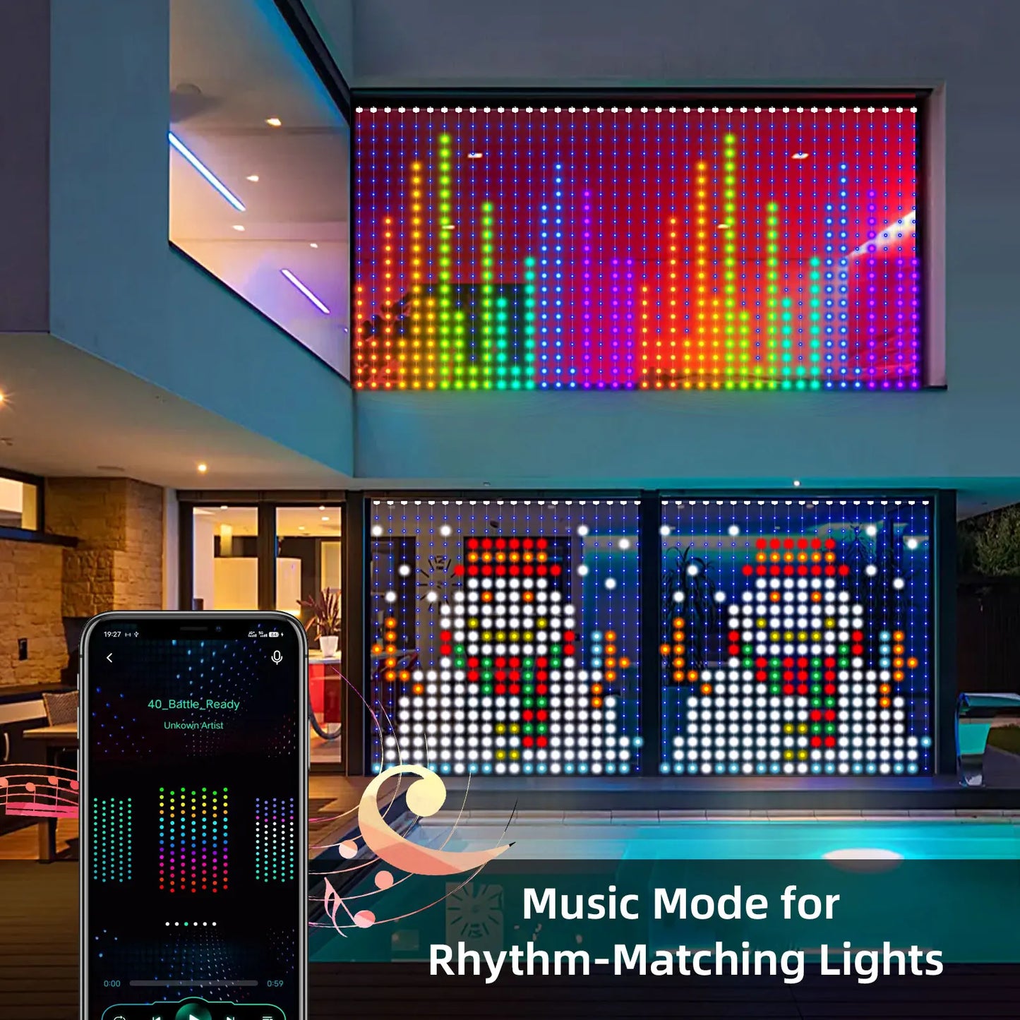 Smart LED Curtain Light, APP Control RGB Dimmable DIY Pattern. Music Ambient Lighting For Home Holiday Party, Decoration