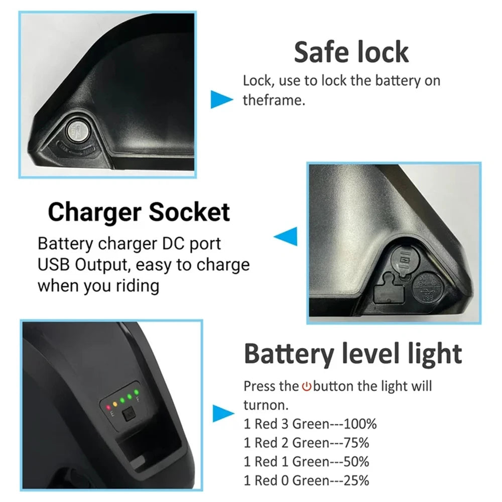 36V 48V 52V E bike Battery with Charger. Full Capacity 10Ah 15Ah 20Ah Powerful 18650 Lithium Battery Pack