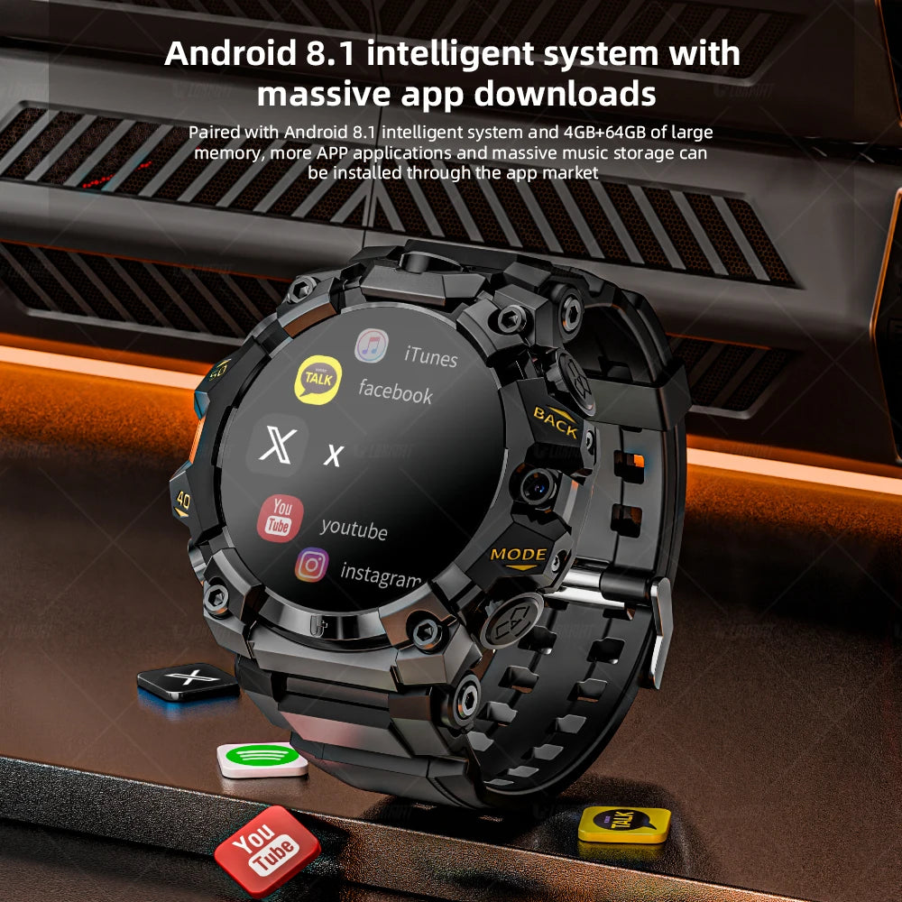 Rugged Sport Android Smart Watch, Phone, Dual Camera Video Calls,  Wifi Fitness 4G Watch, Round Screen