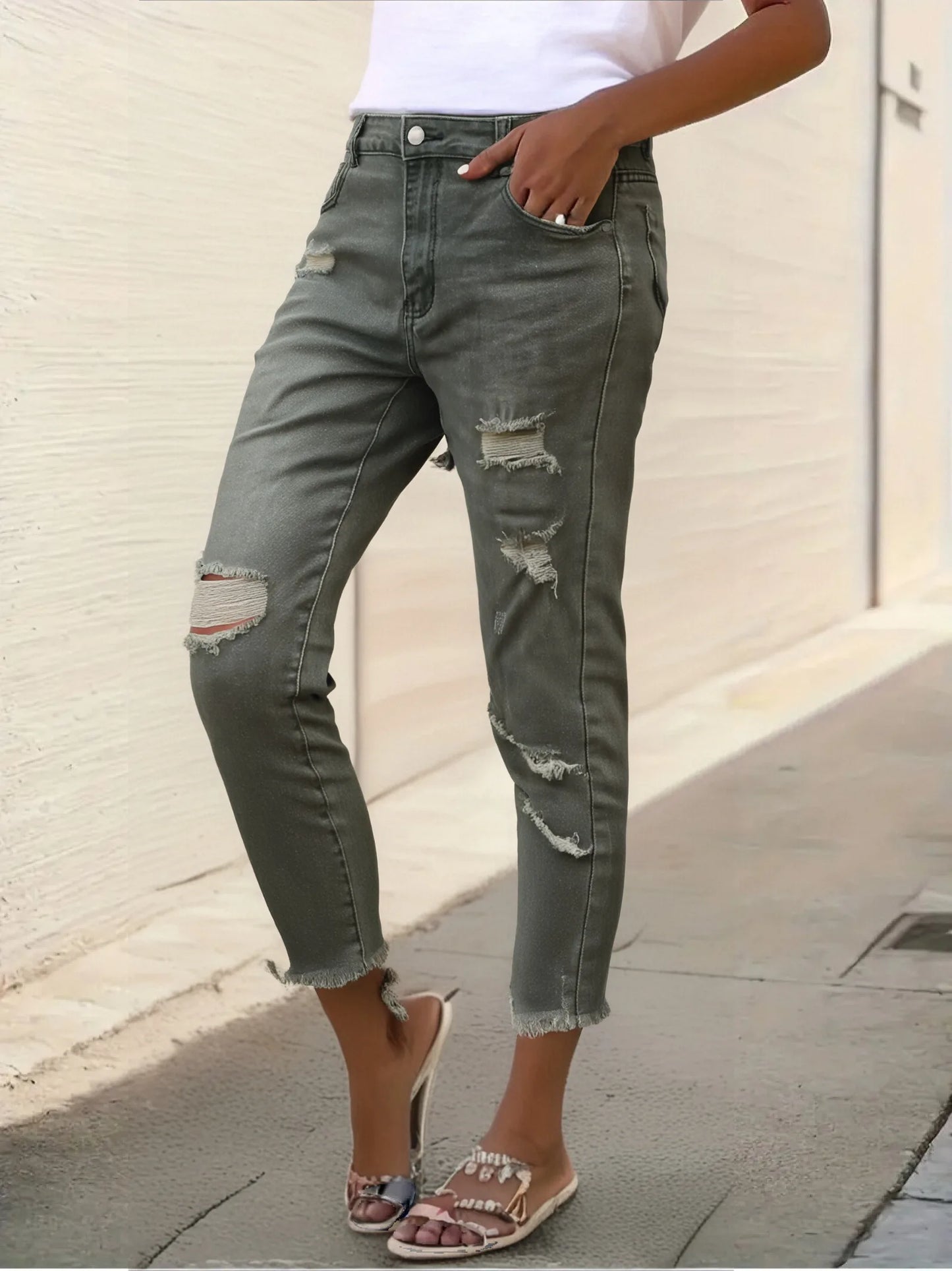 Women's Olive Green Distressed  Jeans - Casual Ripped Style