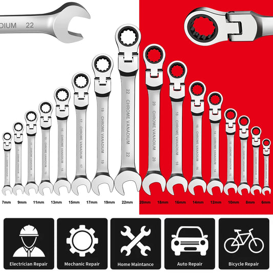 12/14/16/17pcs Flex-Head Ratchet Wrench Set, 6-26mm, 72 Teeth, Cr-V Constructed Combination End