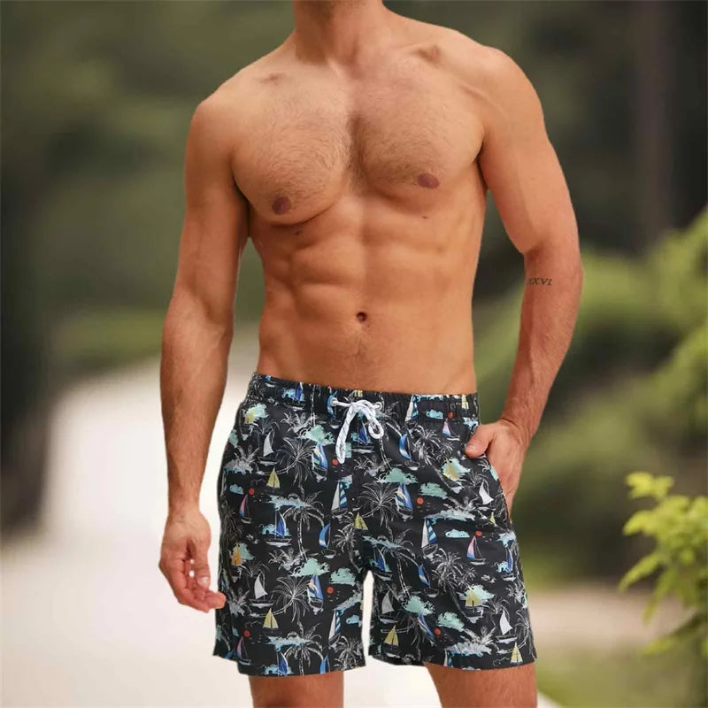 Men s Swim Trunks Quick Dry Beach Shorts with Drawstring Elastic Waistband Tropical Palm Leaf Print Swimwear for Summer