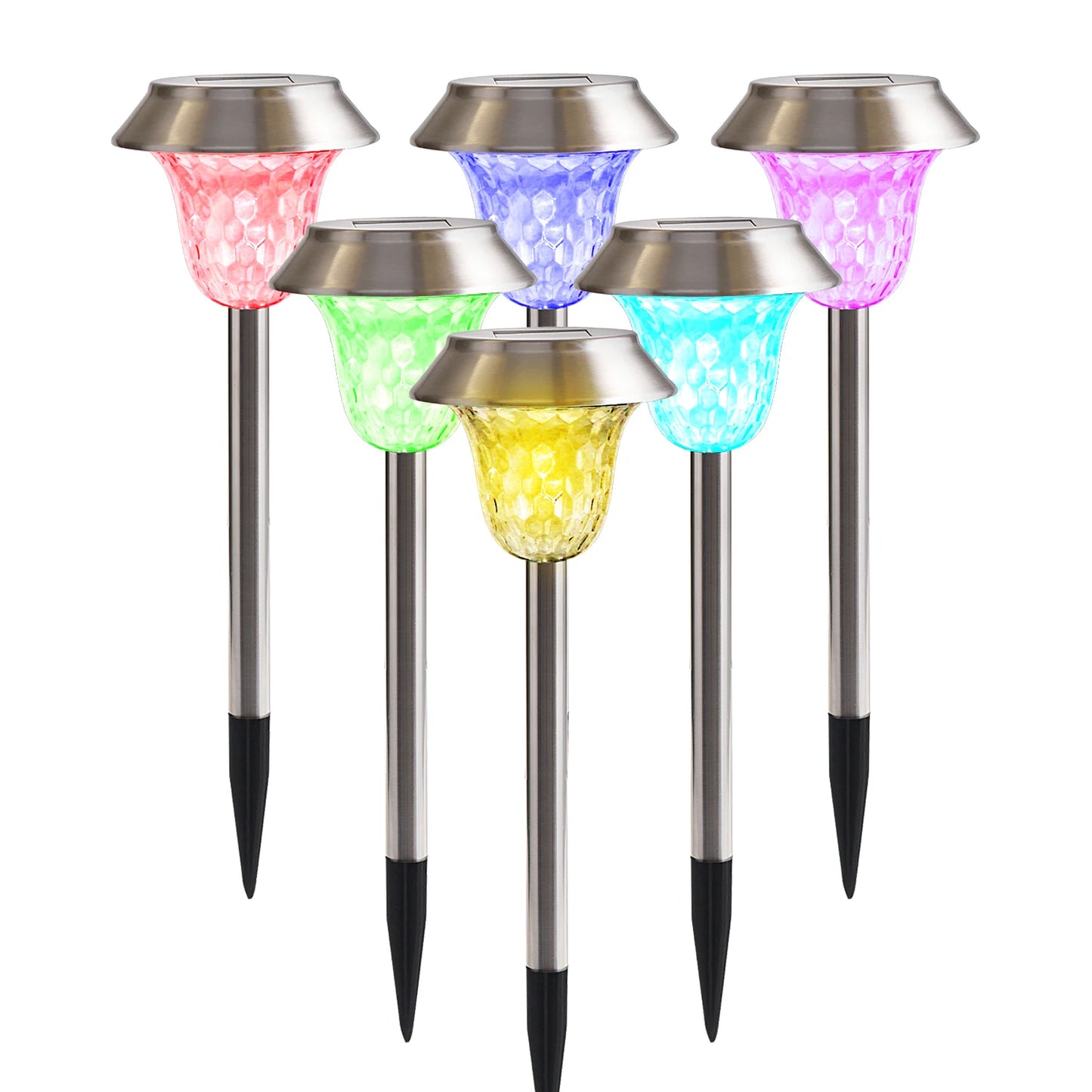 6pack Solar Powered Stainless Steel Warm White/RGB Color-changing Garden Lawn Lights, waterproof LED Yard Stakes