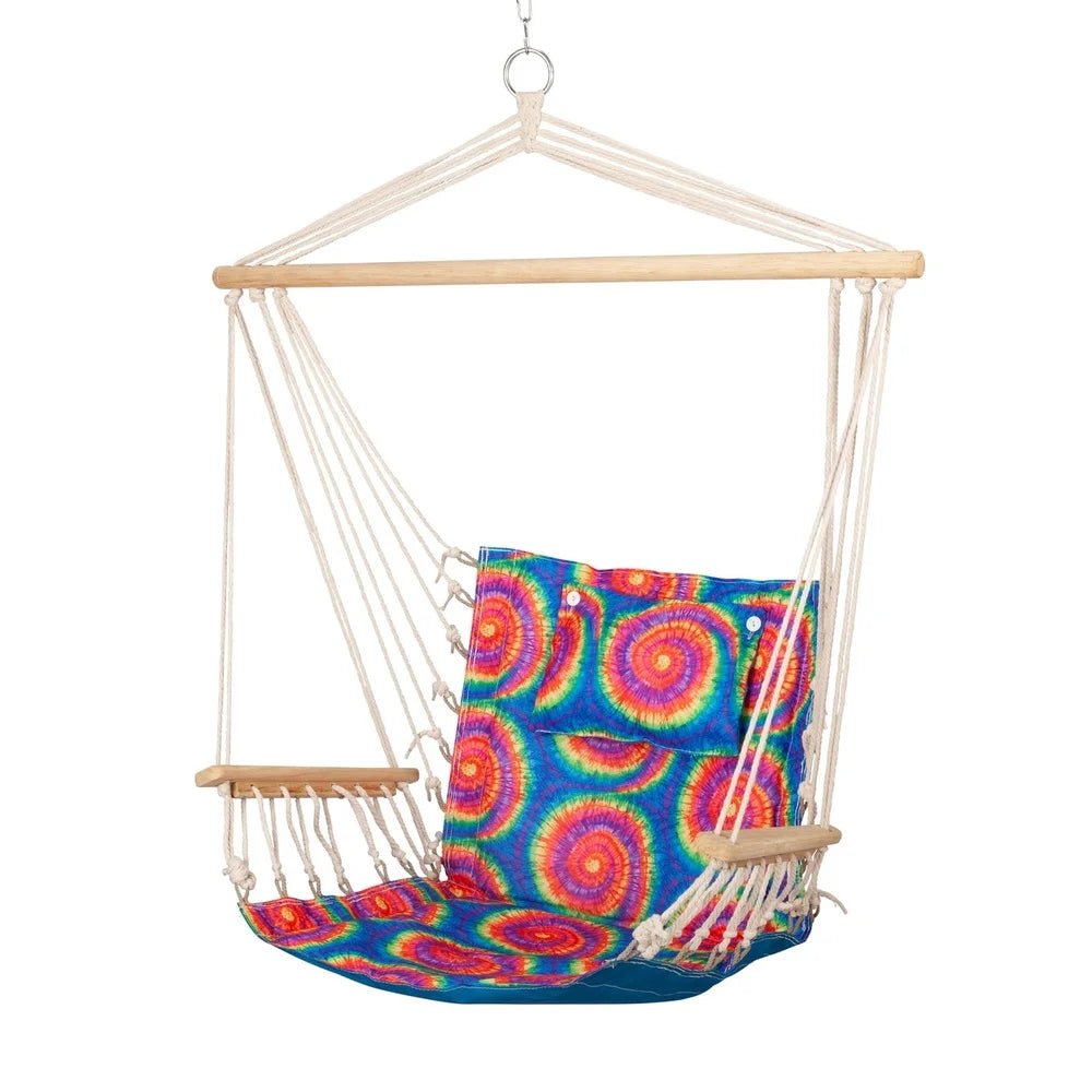 Hammock Chair with Pillow, Wooden Arms Durable Poly-Cotton Foldable Swing Indoor Outdoor Relaxation Support 275 lbs Capacity