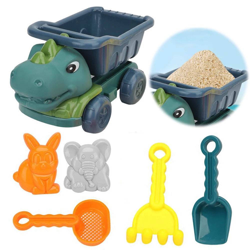 6Pcs Dinosaur Summer Beach Toys with Dump Truck, Sand Molds, Shovel, Rake, Sand Sifter