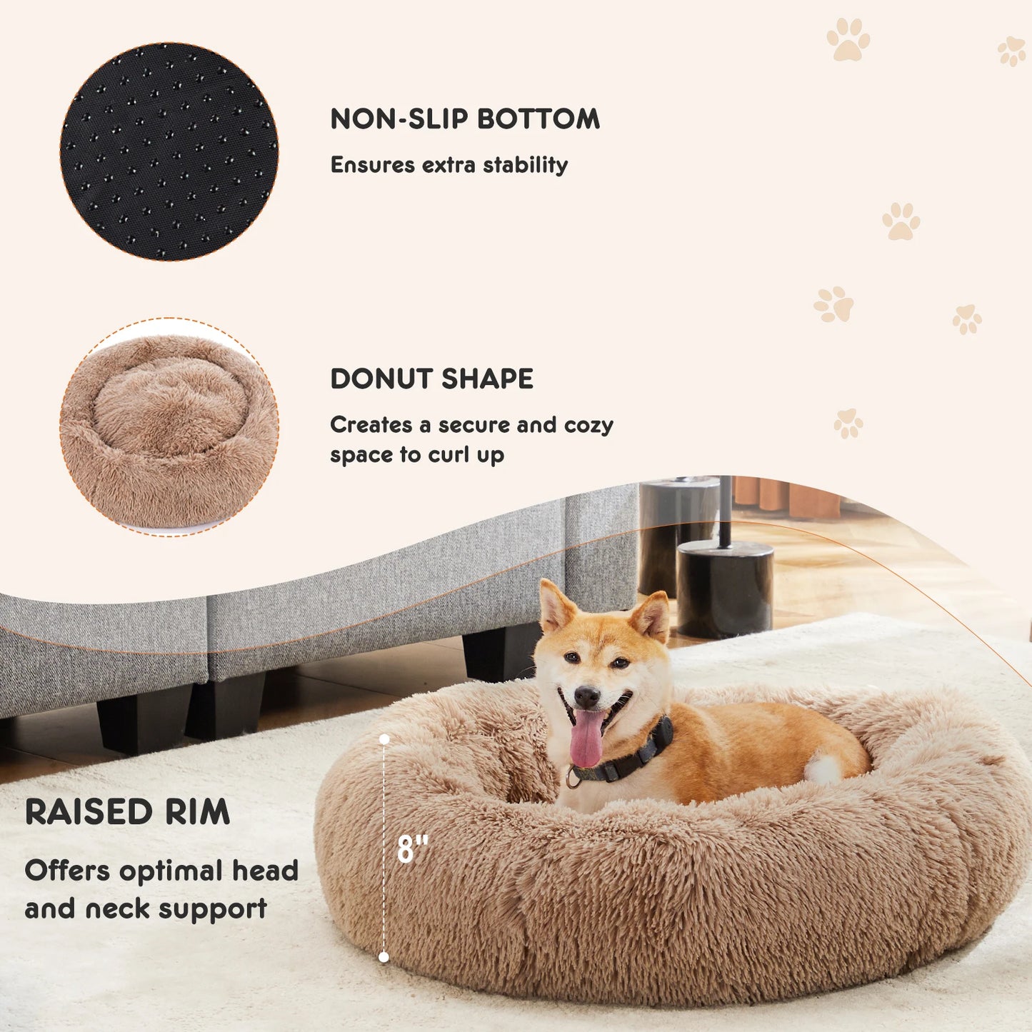 Calming Dog Bed for Medium to Large Dogs, Washable Large Pet Bed Anti-Slip Round Fluffy Plush Faux Fur Dog Bed