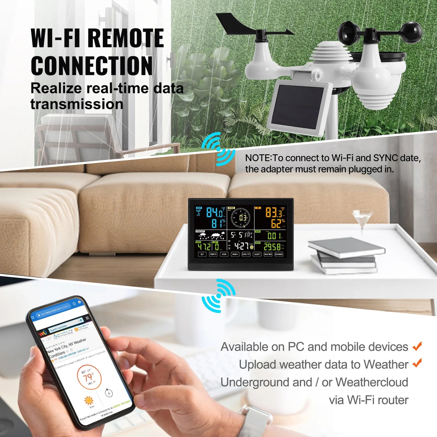 7-in-1 Wi-Fi Weather Station, 7.5 in Color Display + Solar Wireless Outdoor Sensor Alarm Alerts for Temperature Humidity