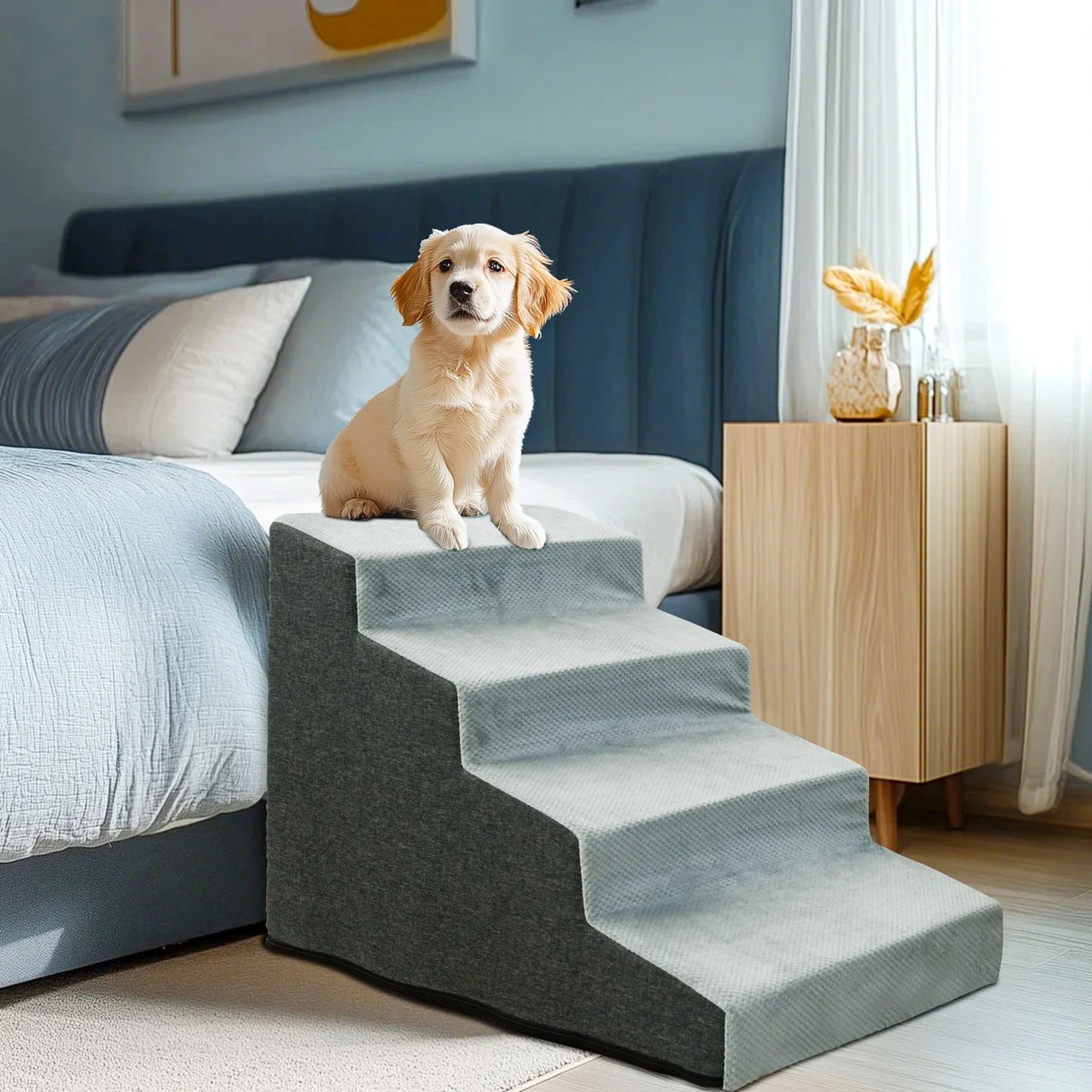 3/4 Steps High Density Foam Dog Stairs Ramp, for High Beds and Sofa, Non-Slip with Washable Cover