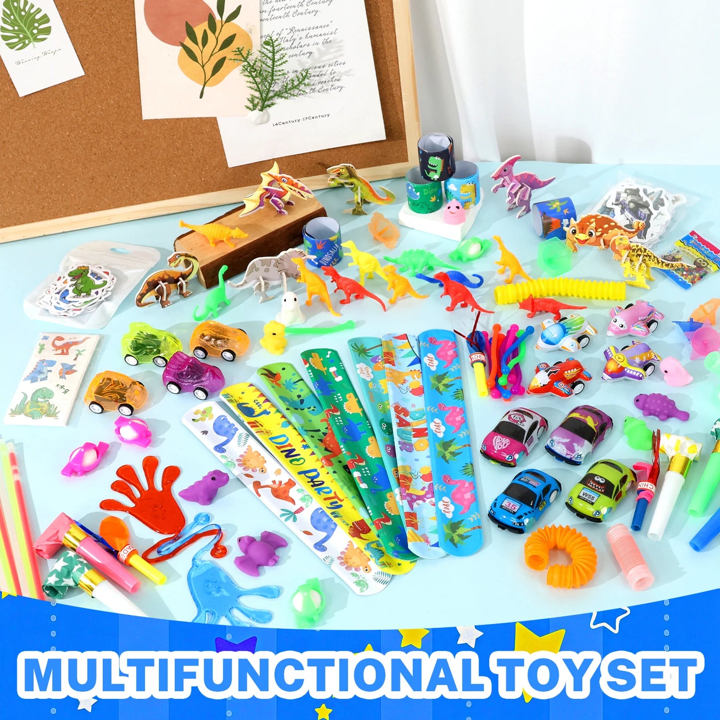 350Pcs Kids Party Favor Set, Kids Birthday Toys with Snap Bracelets, Toy Cars, Dinosaur Stickers ,Carnival Prize ,Fun Gifts