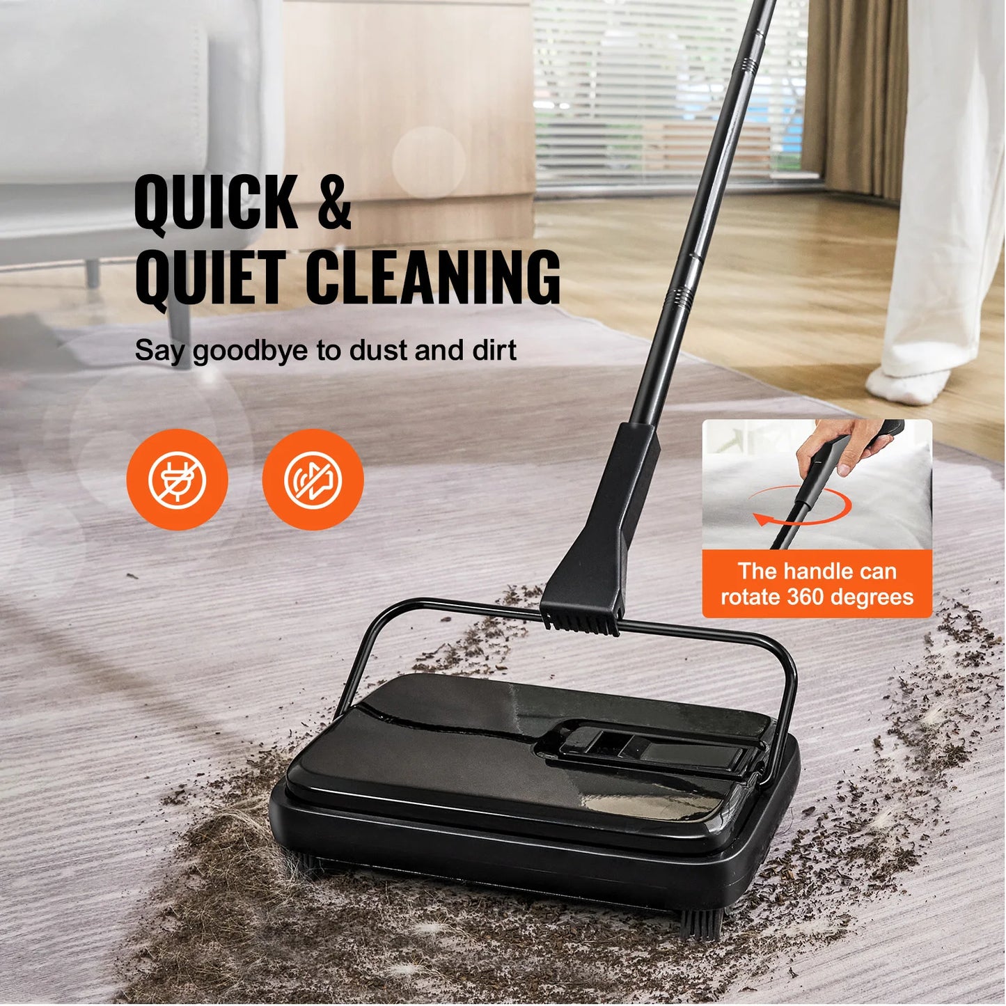 Manual Carpet Sweeper, 7.87 in Sweeping Paths 300ml Dustbin Capacity w/ Comb for Home Rugs, Hardwood Surfaces, Wood Floors