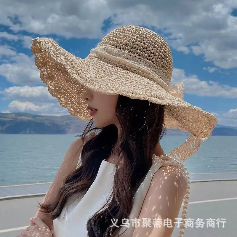 Elegant Floral Print Wide Brim Sun Hat with Bow Decoration, Breathable