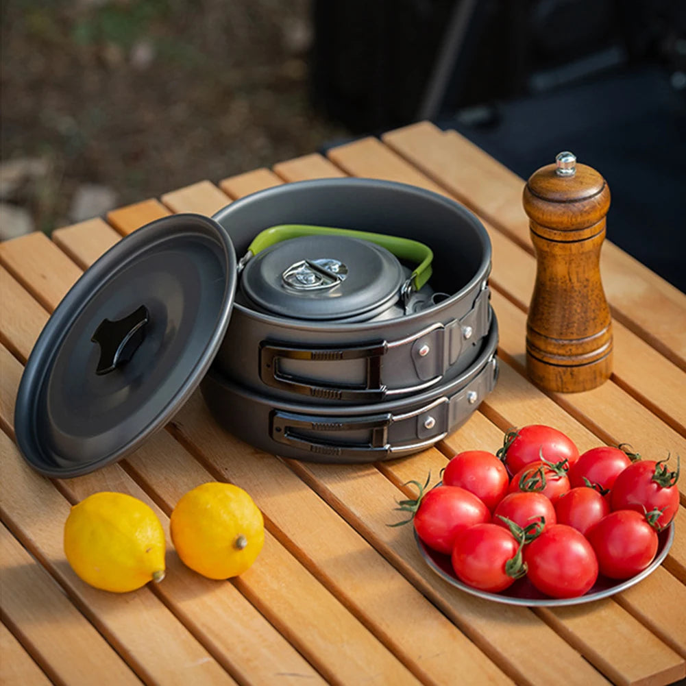 3PCS Camping Cookware Set; Pot, Pan, Kettle Set. Portable Cooker Set with Mesh Bag for Camping Backpacking Outdoor Picnic