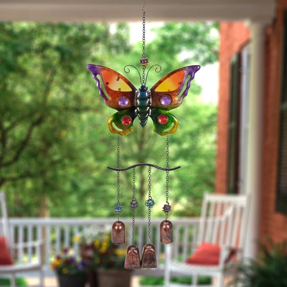 24 Inch Butterfly Wind Chime Outdoor Decor with Faux Jewels 4 Bell Chimes Easy Hang Metal Chain Garden