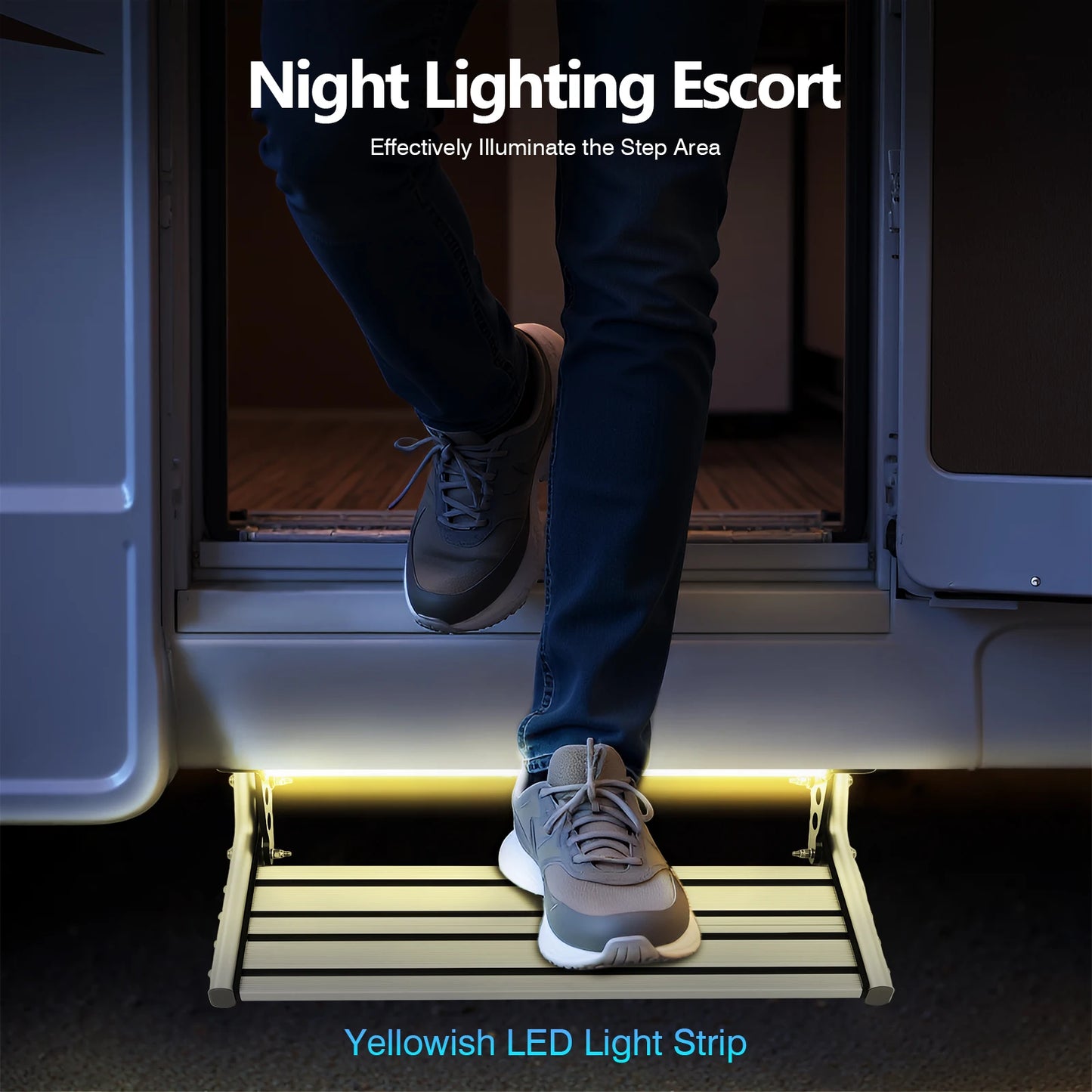 Folding RV Step, 44cm Manual RV Step with LED Light, Loading 150kg Telescopic Antiskid Caravan Accessories