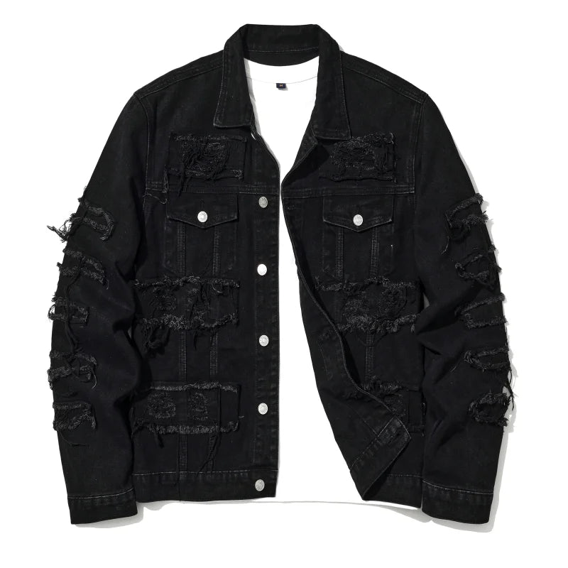 Men's Destroyed Jeans Jacket With Patchwork  Ripped Denim