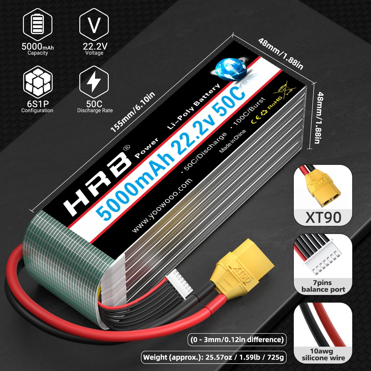1/2PCS  Lipo Battery 22.2V 5000mah Drone Battery 50C With XT90 Connector for Quadcopter