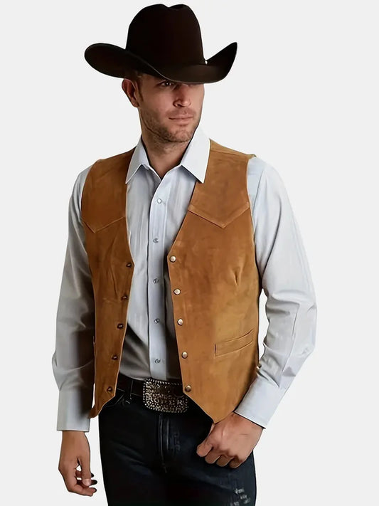 Vintage Suede Leather Men's Vest Slim Fit Sleeveless Jacket V-Neck Regular Fit