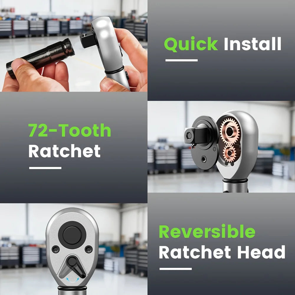 1/4" 3/8" &1/2" Drive Click Torque Wrench Kit 8pcs 72 Tooth Dual Scale Ratchet Wrench