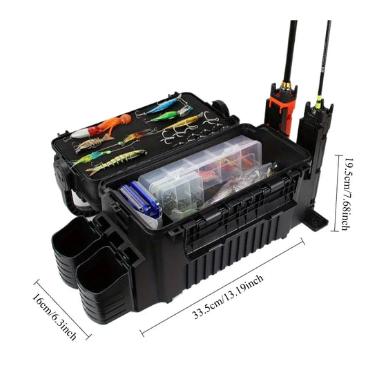 Ackibbik 1pc Fishing Box Large 11L Fishing Bucket 2 Layer Fishing Tackle Storage with 2pcs Rod Holder and 2pcs Cup Holder