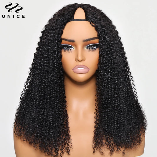 Kinky Curly V Part Wig With Drawstring Fit For All Head Sizes, No Glue Clip-In