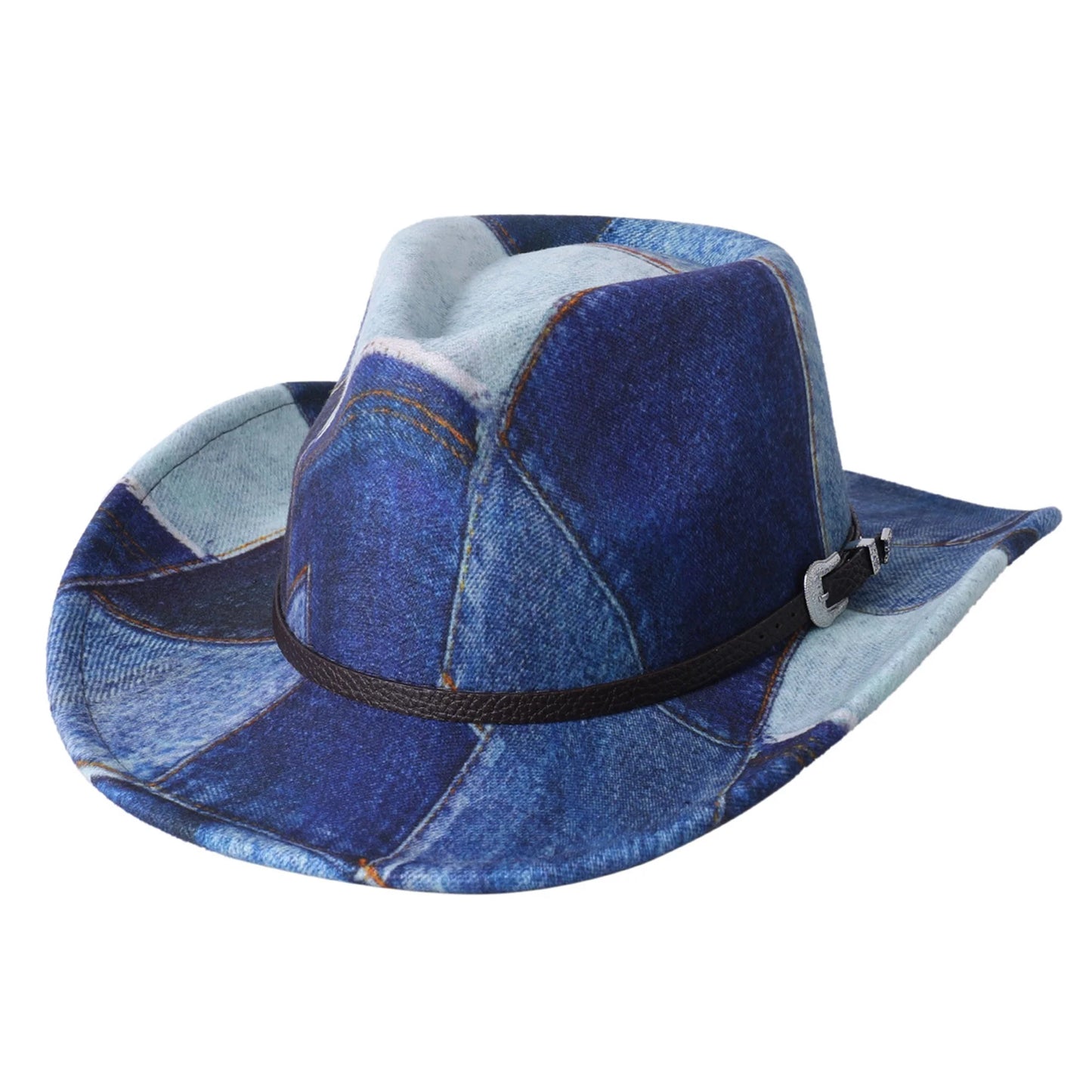 Vintage Style Distressed Denim Cowboy Hat with Ornate Concho Detail Unisex Rodeo Cap