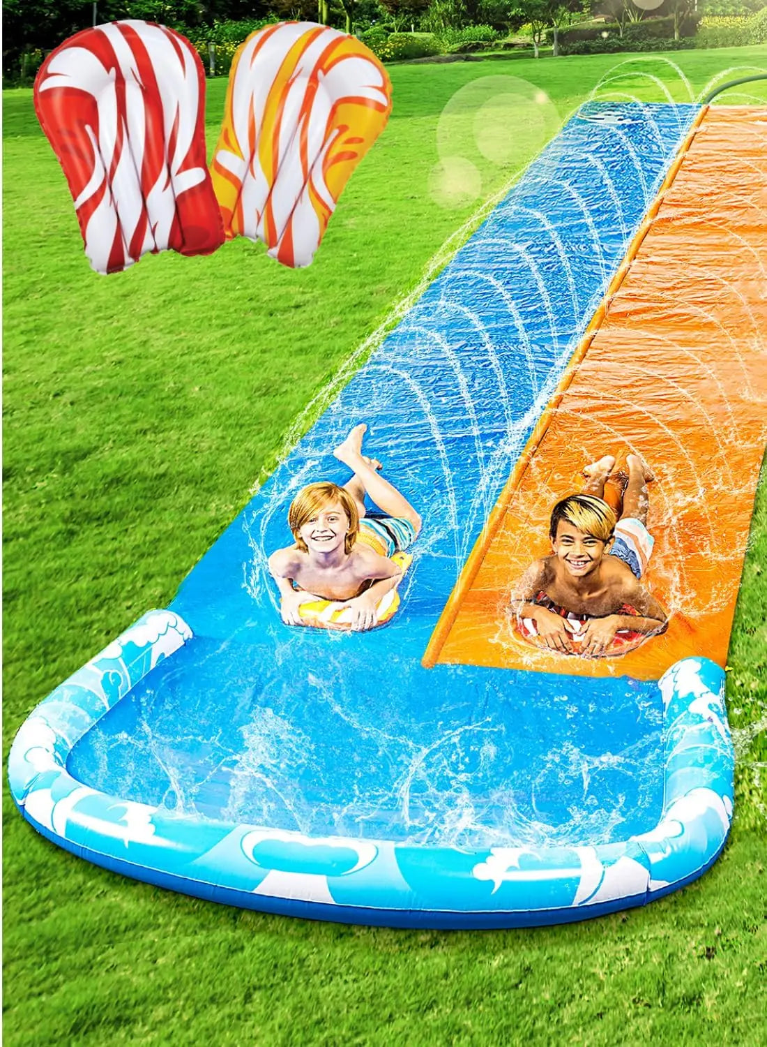 22.5ft Water Slide and 2 Bodyboards. Lawn Backyard Waterslide Water Toy with Built in Sprinkler for Kids Outdoor Water Fun