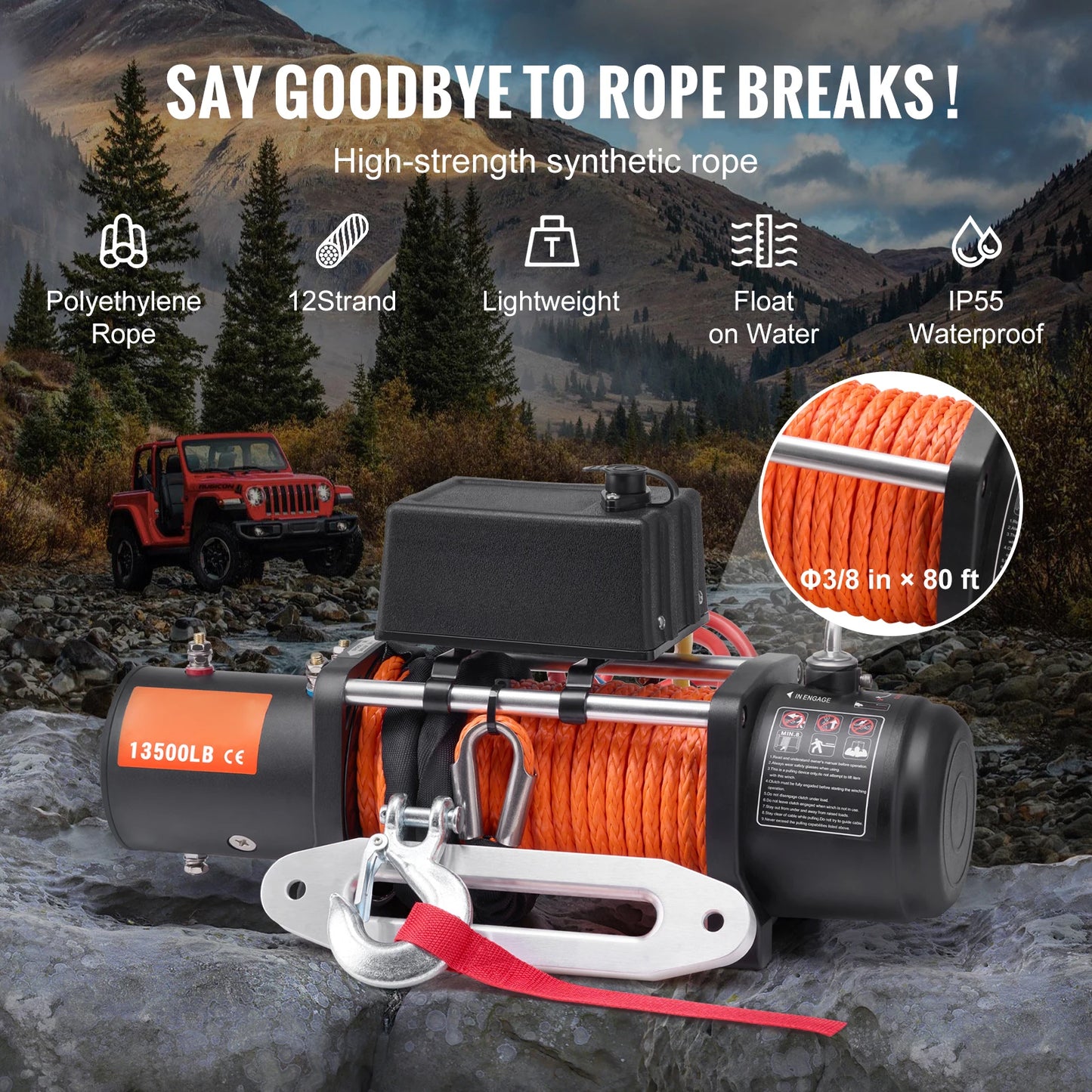 13500lbs Electric Winch, Car Truck Winch with 80ft Synthetic Rope Wireless & Wired Remote Control for Towing Off-Road