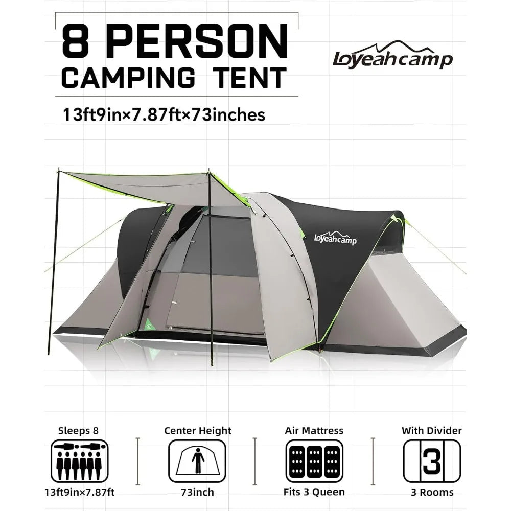 8 Person Larger Extended Dome Camping Tent with 3 Rooms, Waterproof Semi-Freestanding Family Outdoor Tent with Spacious Interior