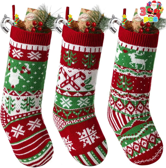 3 Pack 18” Christmas Stockings Large Size, Rustic Cable Knit in Red & Green