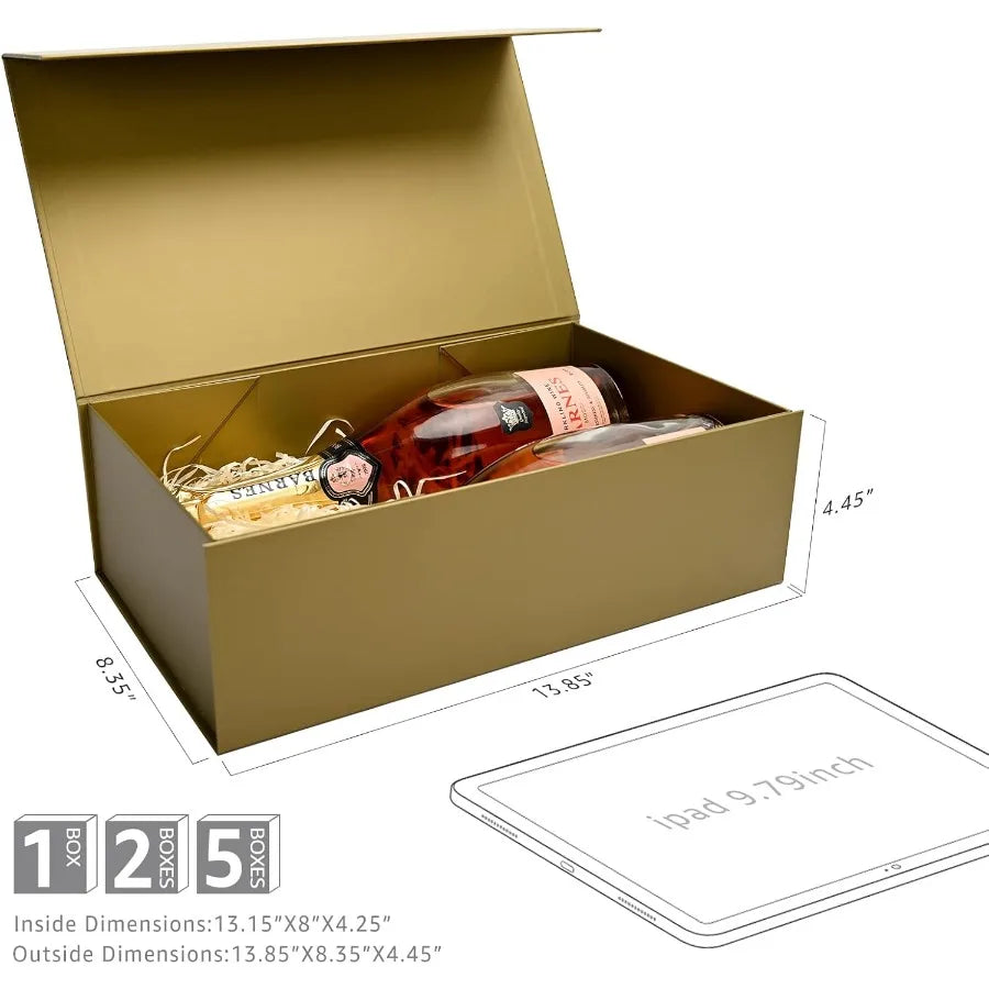 Magnetic Gift Boxes 5 Pack 13.85 x 8.35 x 4.45 Inch Rectangle Collapsible Boxes with Lids and Ribbon Shredded Paper Filler Gift