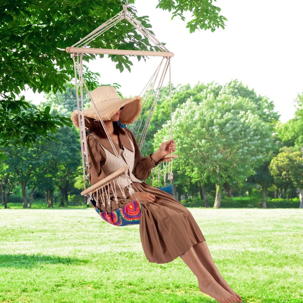 Hammock Chair with Pillow, Wooden Arms Durable Poly-Cotton Foldable Swing Indoor Outdoor Relaxation Support 275 lbs Capacity