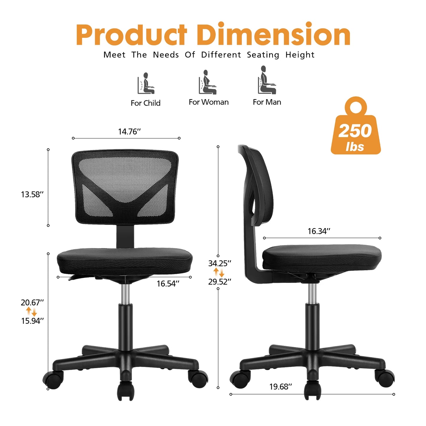 Office Chair, Mesh with Lumbar Support. Low Back with Wheels, Adjustable Height 360° Rolling Swivel Computer Chair