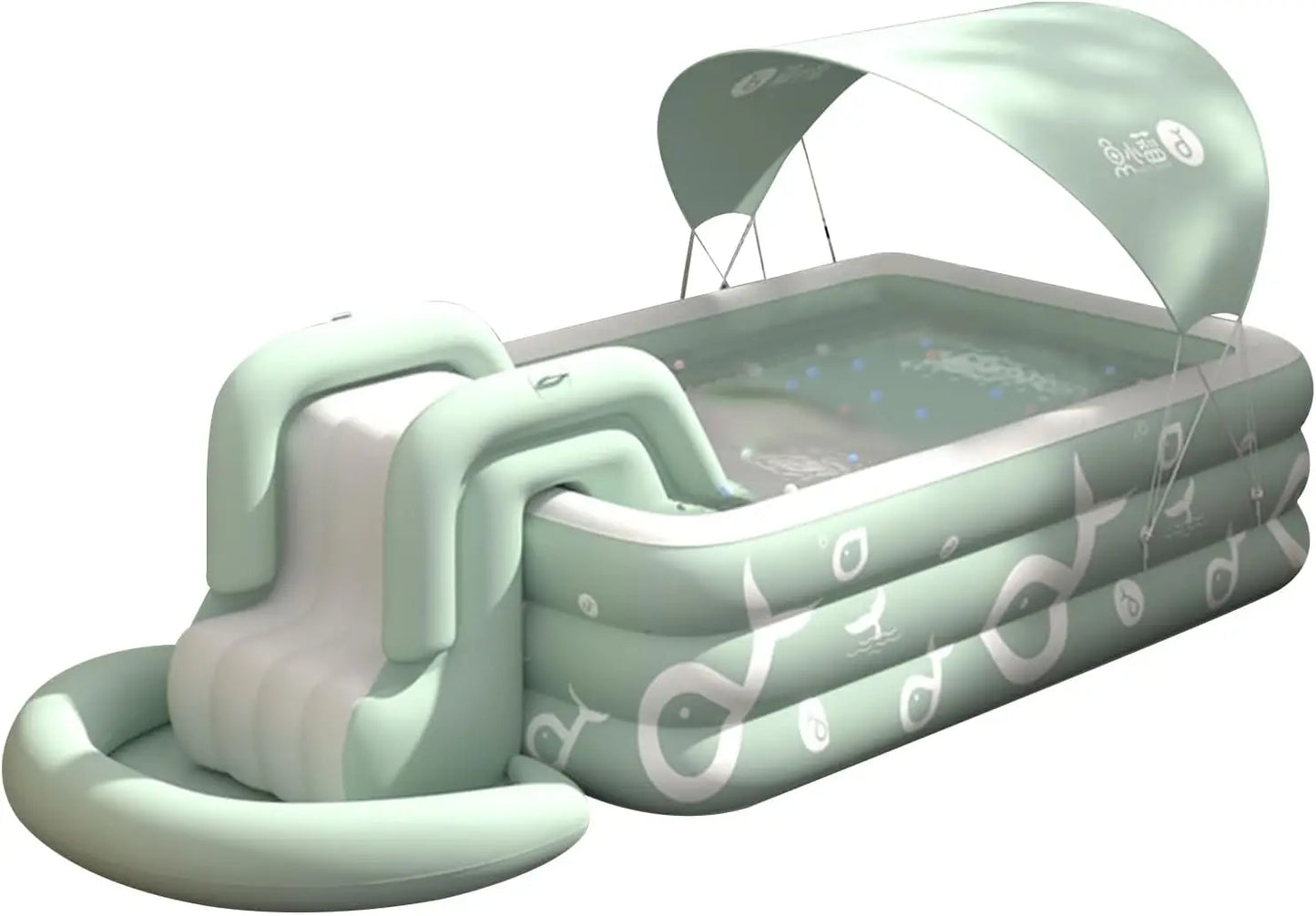 Shaded Summer Swimming Pool. The Outdoor Inflatable Swimming Pool has a Built-in Slide. Above Ground Swimming Pools for Children